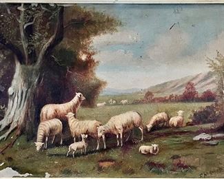 ANTIQUE OIL ON CANVAS LANDSCAPE WITH SHEEP 