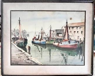 LG. WATERCOLOR HARBOR SCENE BY KEN CLARK 