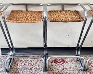 SET OF 4 VINTAGE CHROME & WICKER STOOLS 