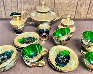 QUALITY GILT & HAND PAINTED GREEN GLASS TEASET 