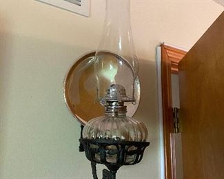 CAST IRON WALL MOUNT & OIL LAMP (2)