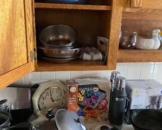 Kitchen Clock, Box of Assorted Cookie Cutters, Enamelware, Stanley Thermoses, Omelet Pan, Metal Mixing Bowls, and more