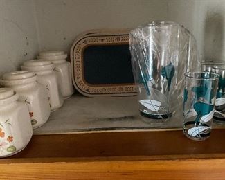 Ceramic Canister Set; Teal and White Floral Design Pitcher Set with 4 Matching Glasses
