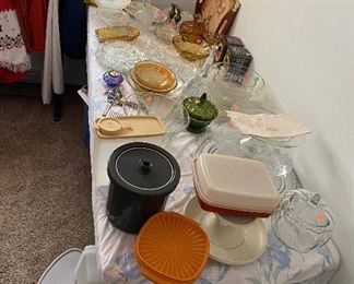 Tupperware (much desired, older pieces), Tablecloths, Glassware serving pieces (Cake Plates, Crudite, Relish, Salad Bowls, Cookie Trays, and more), Wooden Serving Tray, Candy Dishes, Candlestick Holders, Ice Bucket, and more