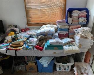 Linens including sheets, sheet sets, towels in various sizes, sewing kit supplies; doilies; knitting needles; Teddy Bear; backpacks and more