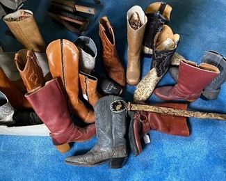 Boots, Boots, Boots! Men's and Women's - Snakeskin, Leather, Heeled, some with original boxes. Also note, the snakeskin belt