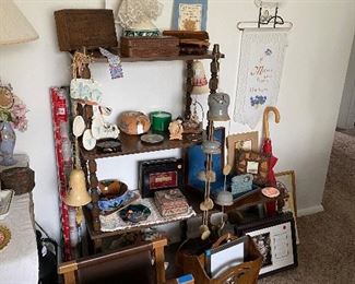 Sling Magazine Rack; Vintage Wooden Magazine Rack; Assorted Wind Chimes; Christmas Wrap; Candles, Treenware (Vintage Wooden Folk Carved Boxes); Wood-Handle Umbrella; Wall Art, and more