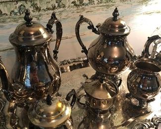 Silver plate tea set, serving pieces, Fostoria too! Lots!