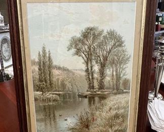 Landscape with water engraving -antique frame- $65