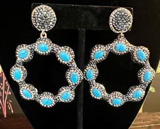 Large Sterling 925 Statement Earrings with Turquoise and Swarovski Crystals- $65