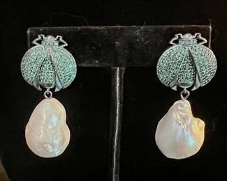 Sterling 925 Swarovski Bee and Baroque pearl earrings-$45