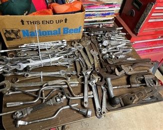 Many tool sets including wrenches and sockets, ratchets, etc..