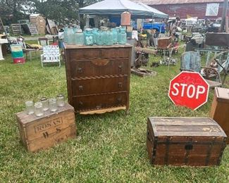Antique early Blue Ball mason jars
wood trunk crates