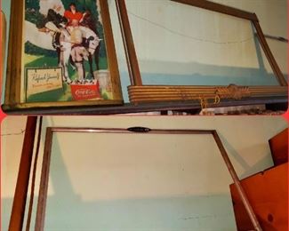 Coca Cola paper advertising frames including a framed ad from the 1950s. Pepsi Cola paper ad advertising frame. 