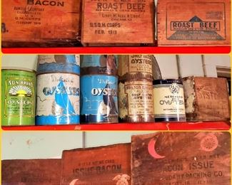Bacon and Roast Beef military issued crates 1918 & 1919. Rare Oyster tins! Oyster crate and more!