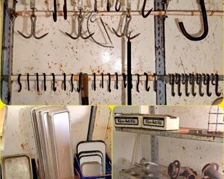 Meat hooks, vintage meat trays including enamel ware, grinder heads, and more!
