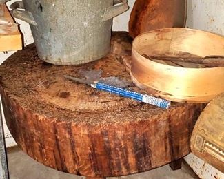 Antique meat cutting block, heavy galvanized bucket, knives, and more!
