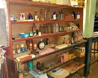 Wooden display shelf, Blue Horse notebooks, pharmacy bottle collectibles, Shaeffer display racks/pens/pencils, Shoe Laces display, and more!
