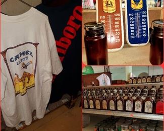 Camel Lights North Carolina collectible t-shirt, Marlboro t-shirt, Honey Bee Snuff thermometer, Tops Snuff thermometer, Lorillard snuff jars, Railroad Mills snuff jars, Peach , Strawberry, & Buttercup snuff tins, & more!