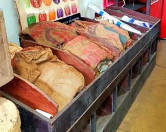 Wooden potato/onion/produce bin, potato/onion/rutabaga Crocker sacks. 