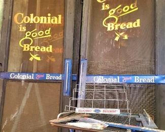 5 Colonial Bread screen doors, bread rack, Colonial display shelf, & Colonial advertising pencils.