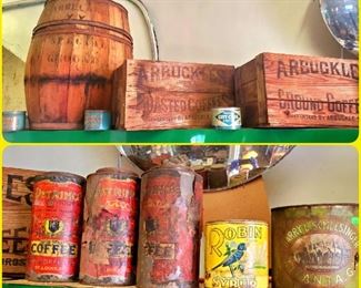 Arbuckle's coffee barrel & crates, Petring antique coffee tins, Stone Mountain Syrup tin, Robin Syrup tin, & more!