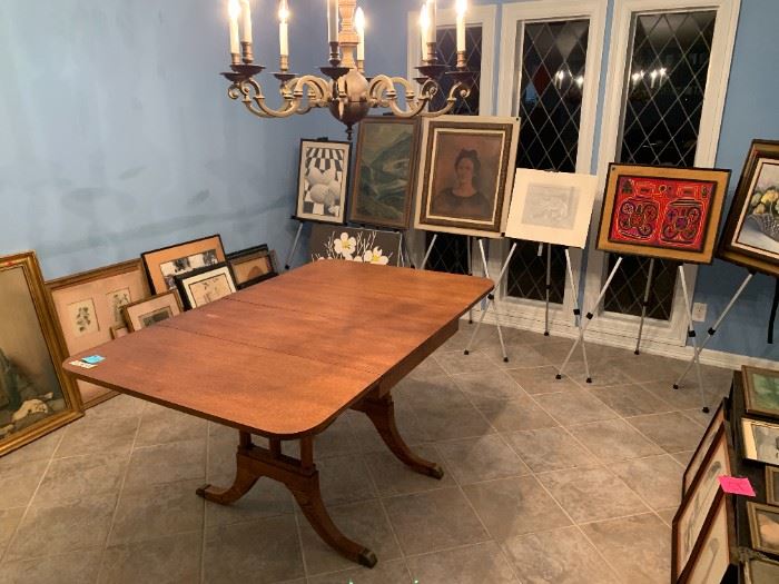 72"length mahogany dropleaf w/ folding middle leaf dining table $200, tons of art and antique photos and frames most are $2 - $5.