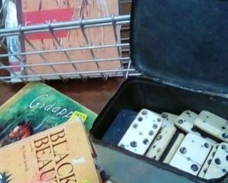 Nice selection f children's vintage books and readers. Dominoes date WWII (set is complete)