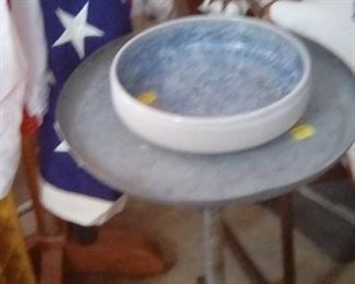 Unusual outdoor table, Old Glory, cotton ball wreath.