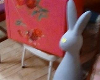 Cement rabbit, decorated suitcase