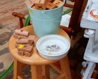 Old wooden blocks and toys, wooden stool