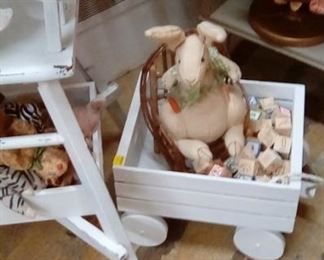 Little wooden wagon, fabric rabbit, tramp art globe