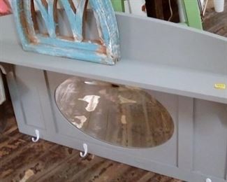 Vintage painted hall mirror with shelf and cost hooks