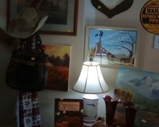 Deer mount, oils, paint-by-numbers windmill painting