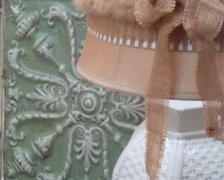 Beautiful ceramic lamp in basket weave desgn, paired with burlap decorated shade, old framed ti