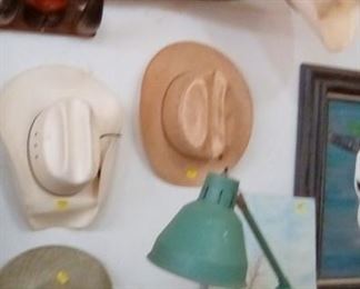 Bullhorn hat rack, hats, vintage clip light, Jax beer tray (vintage)