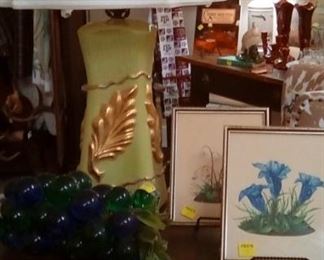 Mid-century lamp--great color and design, botanical pictures