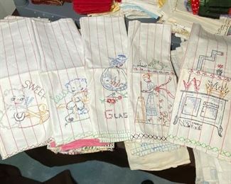 Large Lot of Antique Tea Towels