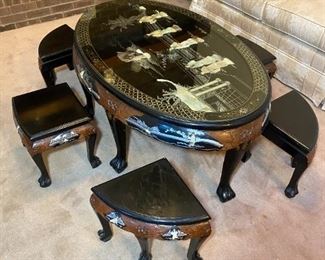 Mother of Pearl Inlay Coffee Table and Stools