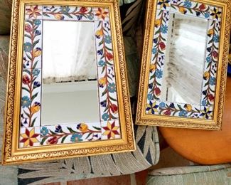 From Spain pair of Gilded wood and tile framed mirrors 