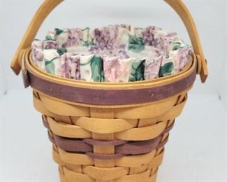 4016 - 1994 Longaberger Lilac Basket w/ swivel handle Fabric Liner 12 x 7.5 x 6.5