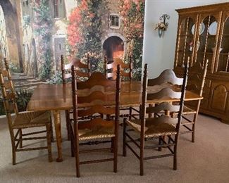 Conant Ball Furniture Makers Drop-Leaf Dining Table, Set/6 Ladderback Chairs w Rush Seats