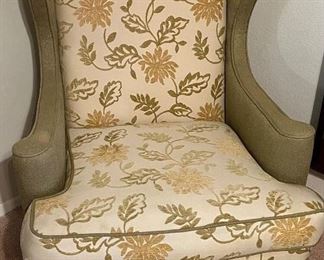 Wingback Chair Mustard Yellow and Green Floral Pattern