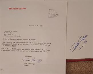 Detail of letter and autograph, Limited edition (2,000) Pete Rose signed "Countdown to Cobb: My Diary of the Record-Breaking 1985 Season" book