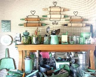 Rolling pins, green handled utensils, jars, dustpan, pitcher, tin and Bingo card!