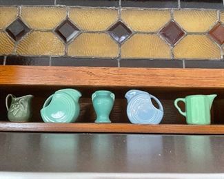 Vintage green and blue mini 3" Fiesta disc pitchers.