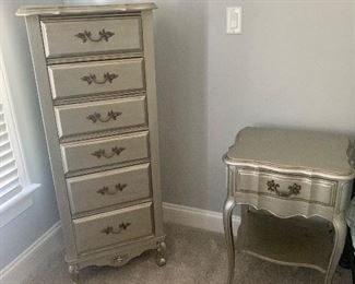 French Provencial Lingeree Chest and 2 Nightstands with Painted Metallic Finish.  