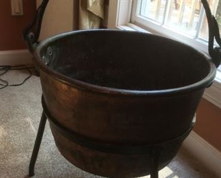 Primitive Copper Antique Cauldron & Handle w/ three leg stand