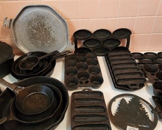 Cast iron - some with lids - cornbread stick pans & more