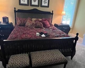 King  size bed, leopard bench and stool
